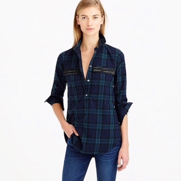 J CREW Tartan Plaid Popover Top Beads Chevron Dark Academia Navy Blue Size 8 NWT - Picture 2 of 11